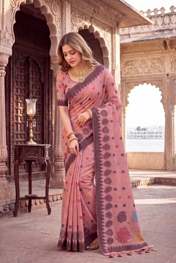 Premium_Soft_Muga_Cotton_sarees_with_Beautiful_Colourfull_3D_Woven_Flower_Design_Pallu_With_Attractive_All_Over_Resham_Weaving_Butti_Design_With_Resham_Weaving_Border_And_Resham_Weaving_Butti_Blouse_With_Fancy_Tassels