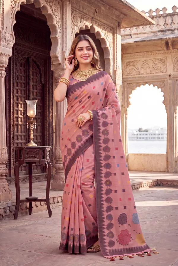 Premium_Soft_Muga_Cotton_sarees_with_Beautiful_Colourfull_3D_Woven_Flower_Design_Pallu_With_Attractive_All_Over_Resham_Weaving_Butti_Design_With_Resham_Weaving_Border_And_Resham_Weaving_Butti_Blouse_With_Fancy_Tassels