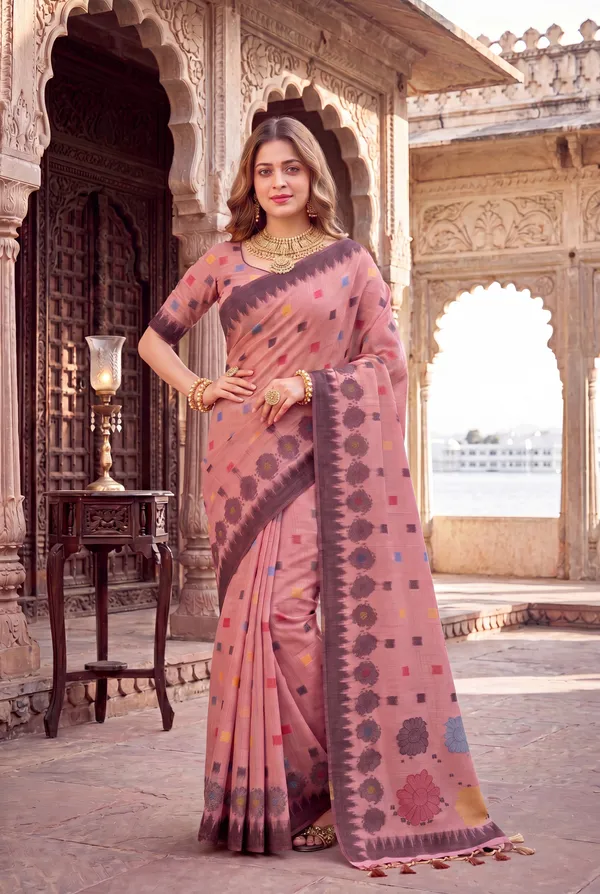 Premium_Soft_Muga_Cotton_sarees_with_Beautiful_Colourfull_3D_Woven_Flower_Design_Pallu_With_Attractive_All_Over_Resham_Weaving_Butti_Design_With_Resham_Weaving_Border_And_Resham_Weaving_Butti_Blouse_With_Fancy_Tassels