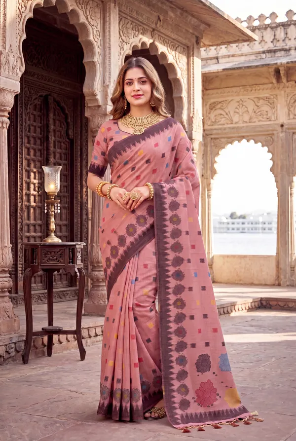 Premium_Soft_Muga_Cotton_sarees_with_Beautiful_Colourfull_3D_Woven_Flower_Design_Pallu_With_Attractive_All_Over_Resham_Weaving_Butti_Design_With_Resham_Weaving_Border_And_Resham_Weaving_Butti_Blouse_With_Fancy_Tassels