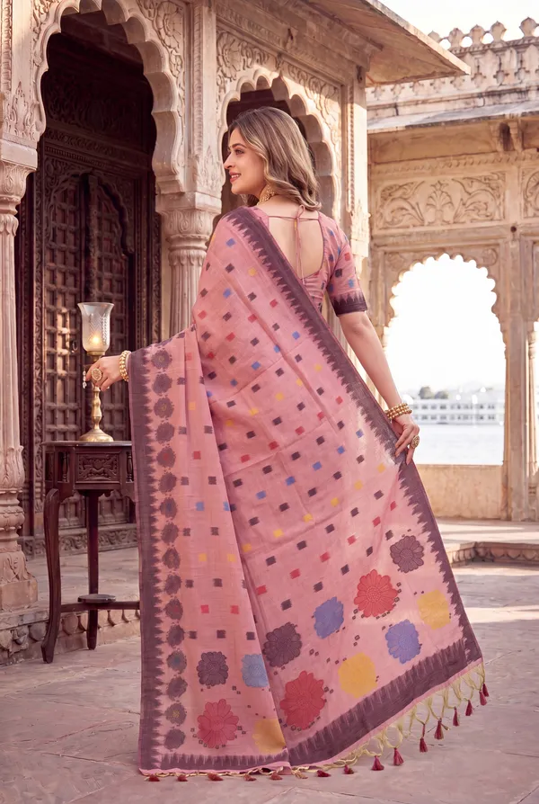 Premium_Soft_Muga_Cotton_sarees_with_Beautiful_Colourfull_3D_Woven_Flower_Design_Pallu_With_Attractive_All_Over_Resham_Weaving_Butti_Design_With_Resham_Weaving_Border_And_Resham_Weaving_Butti_Blouse_With_Fancy_Tassels