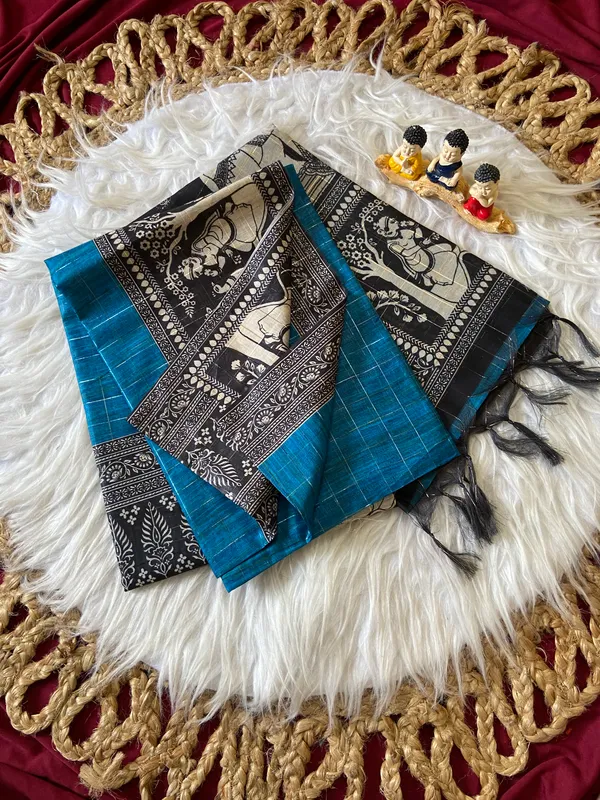 Soft_Semi_Tussar_Silk_sarees_with_Beautiful_Digital_Print_With_Attractive_Border_And_Contrast_Print_Blouse_With_Tassels