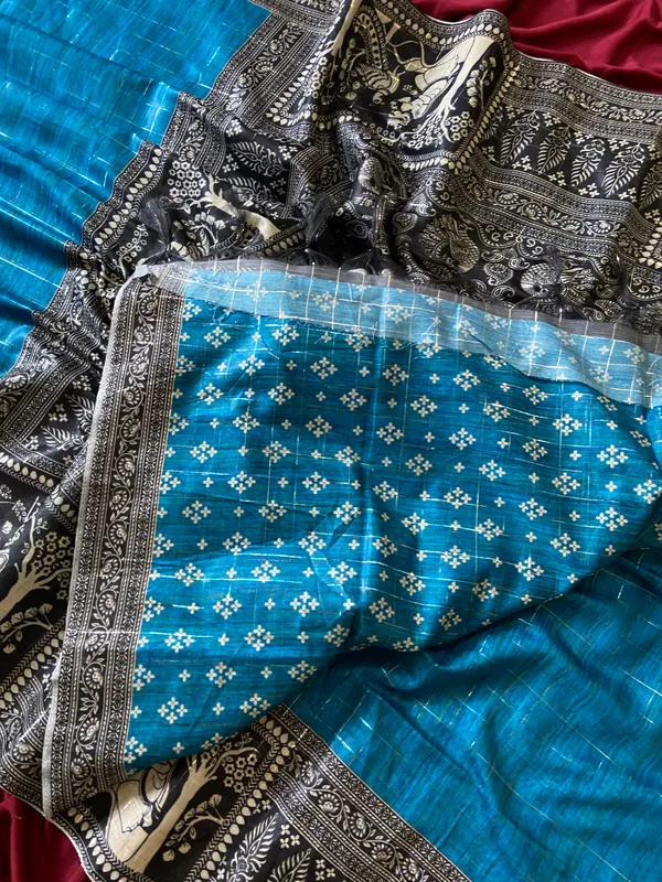 Soft_Semi_Tussar_Silk_sarees_with_Beautiful_Digital_Print_With_Attractive_Border_And_Contrast_Print_Blouse_With_Tassels