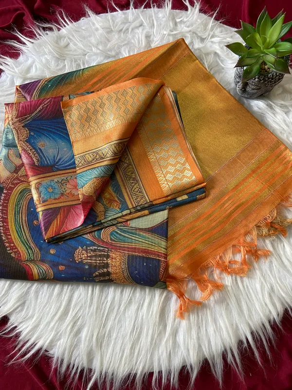 Soft_Tissue_Silk_sarees_with_Beautiful_Style_Of_Kalamkari_Digital_Print_With_Attractive_Border_&_Rich_Pallu_With_Sequence_And_Contrast_Print_Blouse_With_Tassels