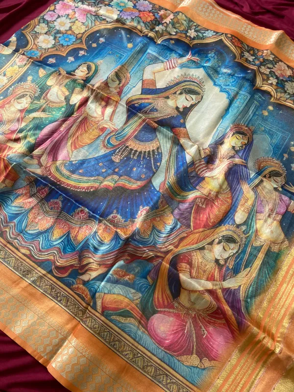 Soft_Tissue_Silk_sarees_with_Beautiful_Style_Of_Kalamkari_Digital_Print_With_Attractive_Border_&_Rich_Pallu_With_Sequence_And_Contrast_Print_Blouse_With_Tassels