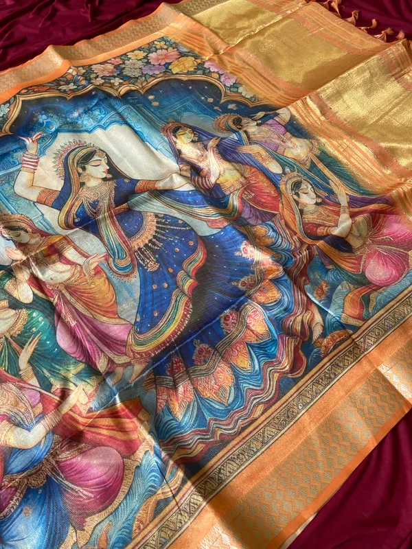 Soft_Tissue_Silk_sarees_with_Beautiful_Style_Of_Kalamkari_Digital_Print_With_Attractive_Border_&_Rich_Pallu_With_Sequence_And_Contrast_Print_Blouse_With_Tassels