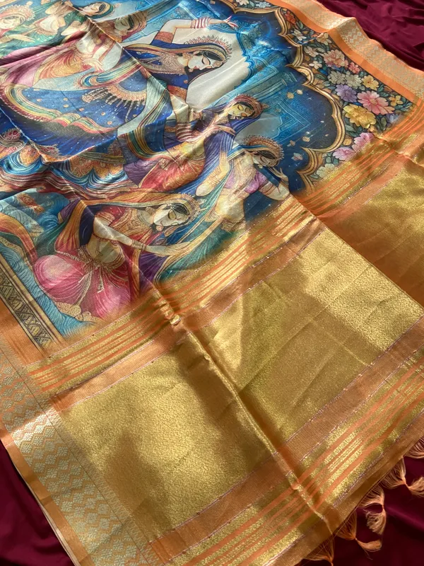 Soft_Tissue_Silk_sarees_with_Beautiful_Style_Of_Kalamkari_Digital_Print_With_Attractive_Border_&_Rich_Pallu_With_Sequence_And_Contrast_Print_Blouse_With_Tassels