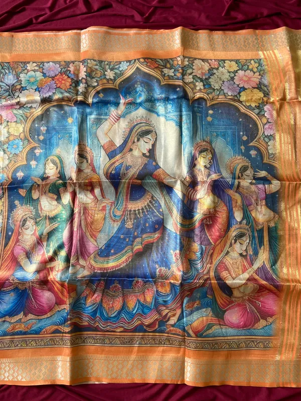 Soft_Tissue_Silk_sarees_with_Beautiful_Style_Of_Kalamkari_Digital_Print_With_Attractive_Border_&_Rich_Pallu_With_Sequence_And_Contrast_Print_Blouse_With_Tassels