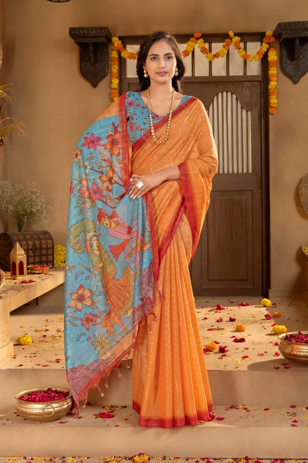 Soft_Semi_Tussar_Silk_sarees_with_Beautiful_Digital_Print_With_Attractive_Border_And_Contrast_Print_Blouse_With_Tassels