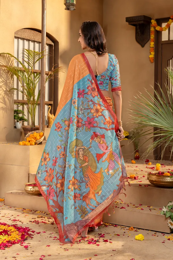 Soft_Semi_Tussar_Silk_sarees_with_Beautiful_Digital_Print_With_Attractive_Border_And_Contrast_Print_Blouse_With_Tassels