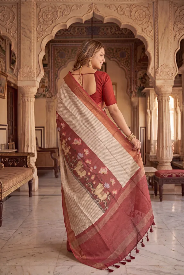 Soft_Tussar_Silk_sarees_with_Beautiful_Digital_Print_With_Attractive_Checks_Design_Saree_And_Digital_Print_Blouse_With_Tassels