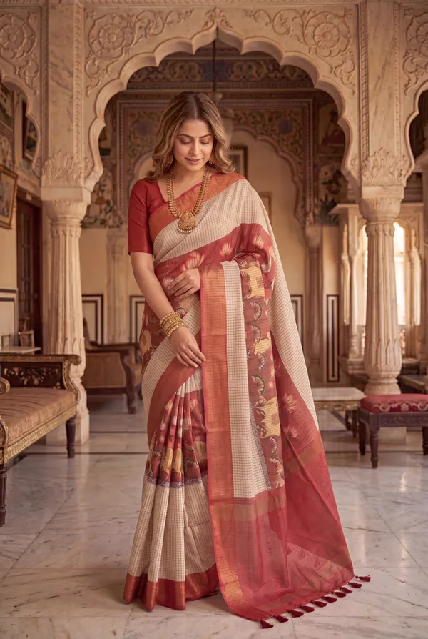 Soft_Tussar_Silk_sarees_with_Beautiful_Digital_Print_With_Attractive_Checks_Design_Saree_And_Digital_Print_Blouse_With_Tassels