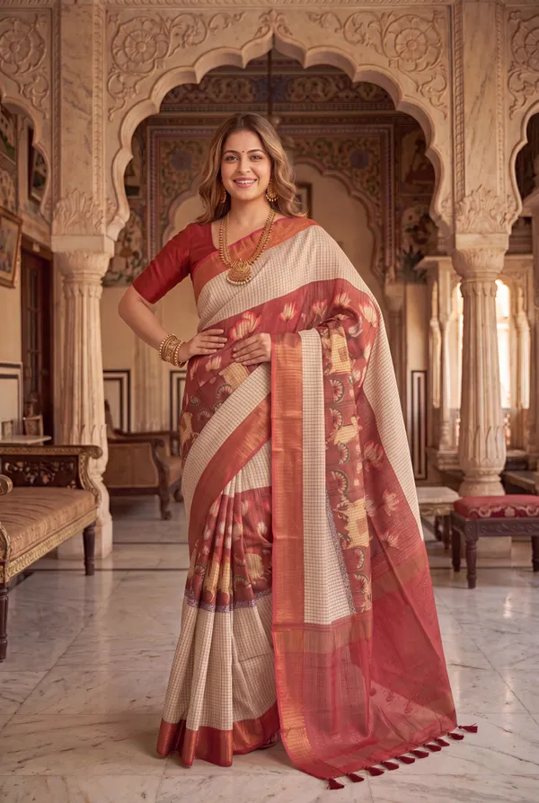 Soft_Tussar_Silk_sarees_with_Beautiful_Digital_Print_With_Attractive_Checks_Design_Saree_And_Digital_Print_Blouse_With_Tassels