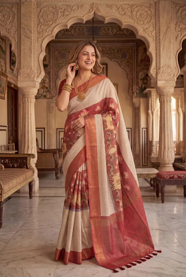Soft_Tussar_Silk_sarees_with_Beautiful_Digital_Print_With_Attractive_Checks_Design_Saree_And_Digital_Print_Blouse_With_Tassels