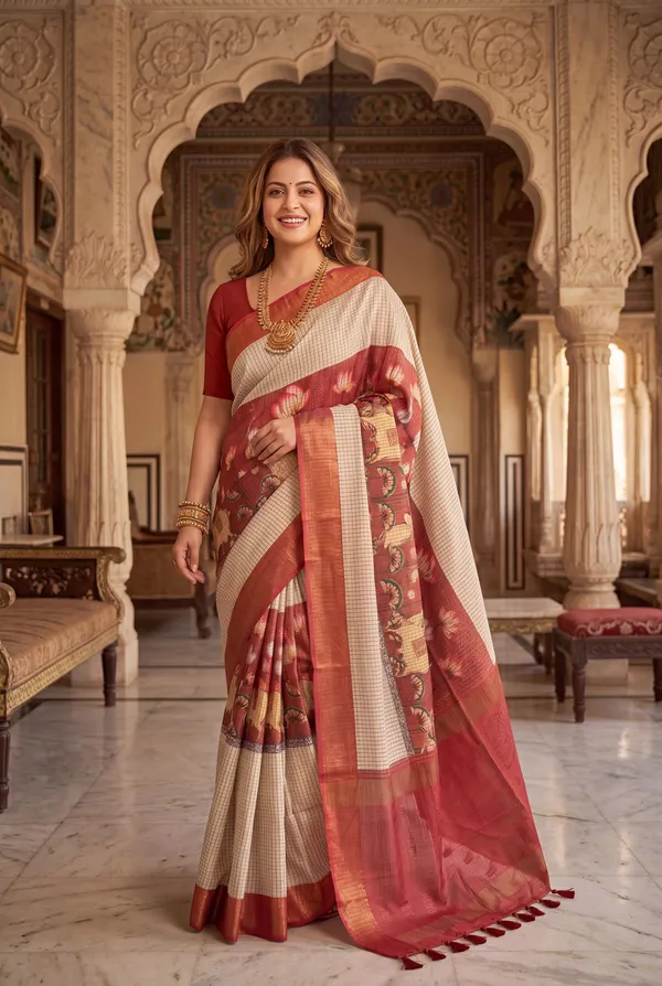 Soft_Tussar_Silk_sarees_with_Beautiful_Digital_Print_With_Attractive_Checks_Design_Saree_And_Digital_Print_Blouse_With_Tassels