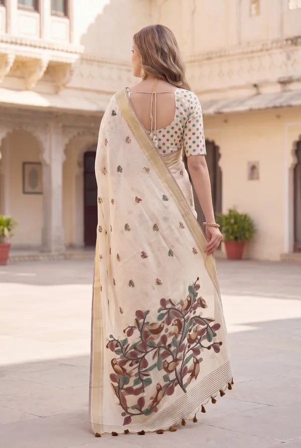 Premium_Soft_Muga_Cotton_sarees_with_Beautiful_?Colourfull_Resham_Weaving_Pallu_With_Attractive_Traditional_Zari_Weaving_Border_With_All_Over_Resham_Weaving_Birds_Design_And_Resham_Weaving_Butti_Blouse_With_Fancy_Tassels