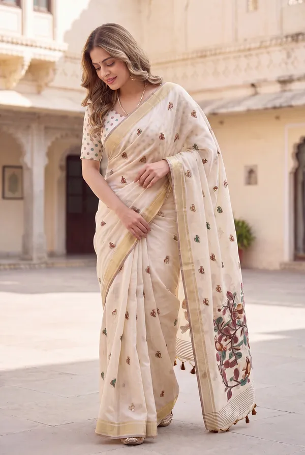 Premium_Soft_Muga_Cotton_sarees_with_Beautiful_?Colourfull_Resham_Weaving_Pallu_With_Attractive_Traditional_Zari_Weaving_Border_With_All_Over_Resham_Weaving_Birds_Design_And_Resham_Weaving_Butti_Blouse_With_Fancy_Tassels