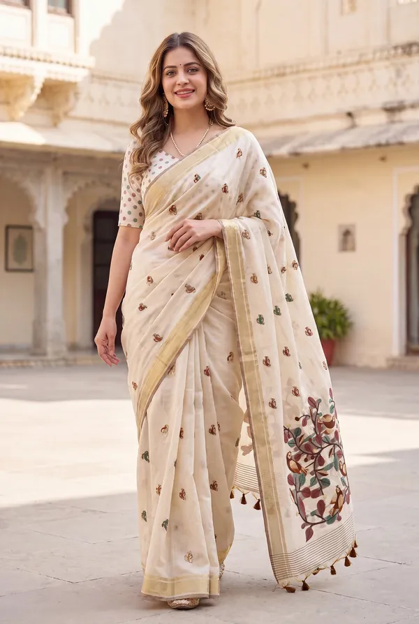 Premium_Soft_Muga_Cotton_sarees_with_Beautiful_?Colourfull_Resham_Weaving_Pallu_With_Attractive_Traditional_Zari_Weaving_Border_With_All_Over_Resham_Weaving_Birds_Design_And_Resham_Weaving_Butti_Blouse_With_Fancy_Tassels