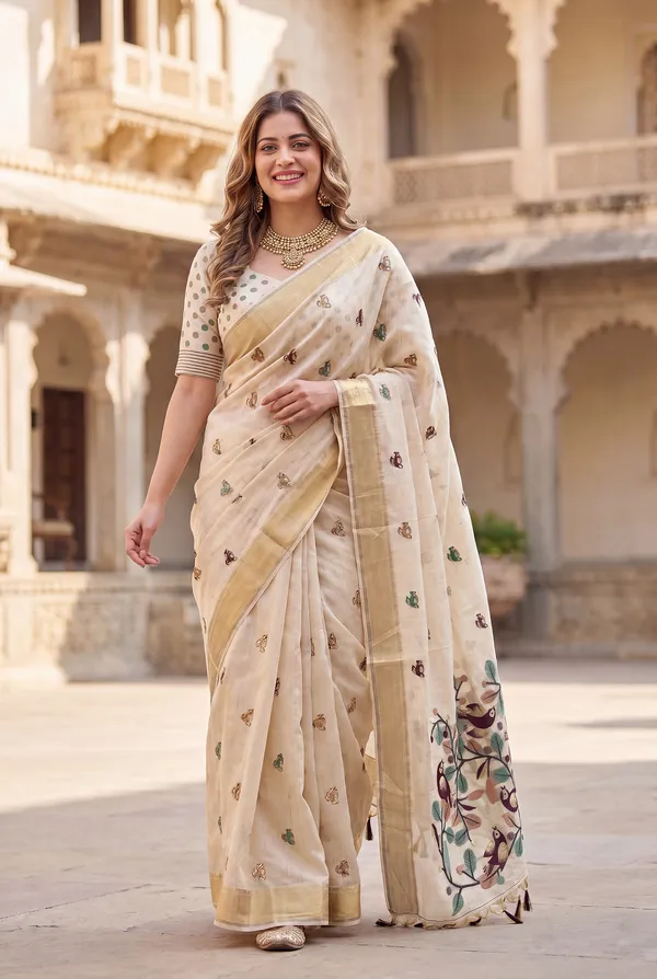 Premium_Soft_Muga_Cotton_sarees_with_Beautiful_?Colourfull_Resham_Weaving_Pallu_With_Attractive_Traditional_Zari_Weaving_Border_With_All_Over_Resham_Weaving_Birds_Design_And_Resham_Weaving_Butti_Blouse_With_Fancy_Tassels