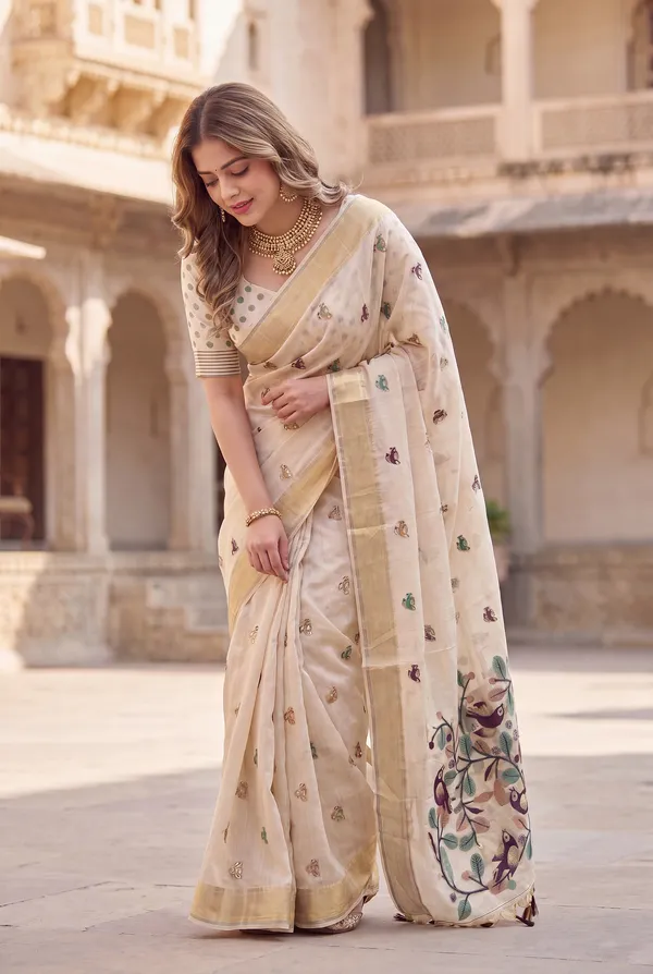 Premium_Soft_Muga_Cotton_sarees_with_Beautiful_?Colourfull_Resham_Weaving_Pallu_With_Attractive_Traditional_Zari_Weaving_Border_With_All_Over_Resham_Weaving_Birds_Design_And_Resham_Weaving_Butti_Blouse_With_Fancy_Tassels