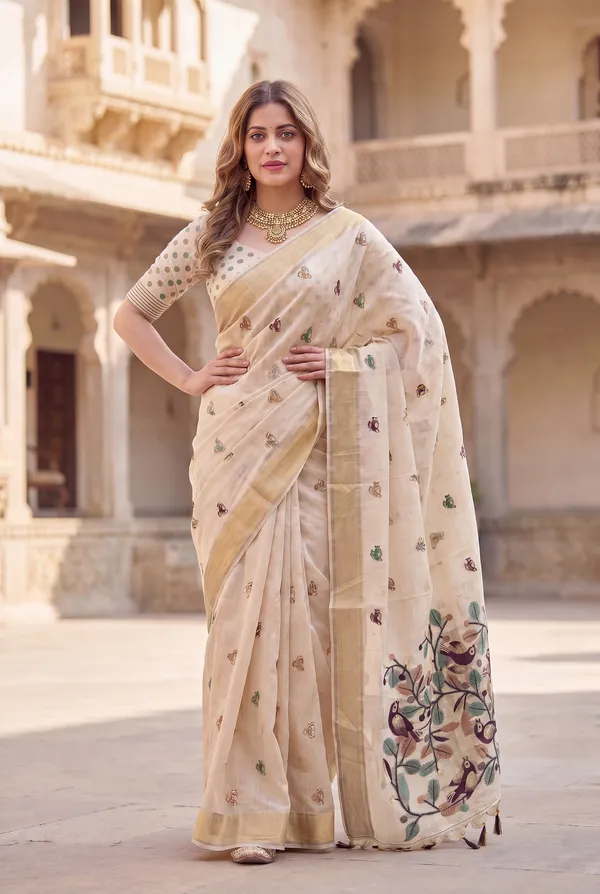 Premium_Soft_Muga_Cotton_sarees_with_Beautiful_?Colourfull_Resham_Weaving_Pallu_With_Attractive_Traditional_Zari_Weaving_Border_With_All_Over_Resham_Weaving_Birds_Design_And_Resham_Weaving_Butti_Blouse_With_Fancy_Tassels