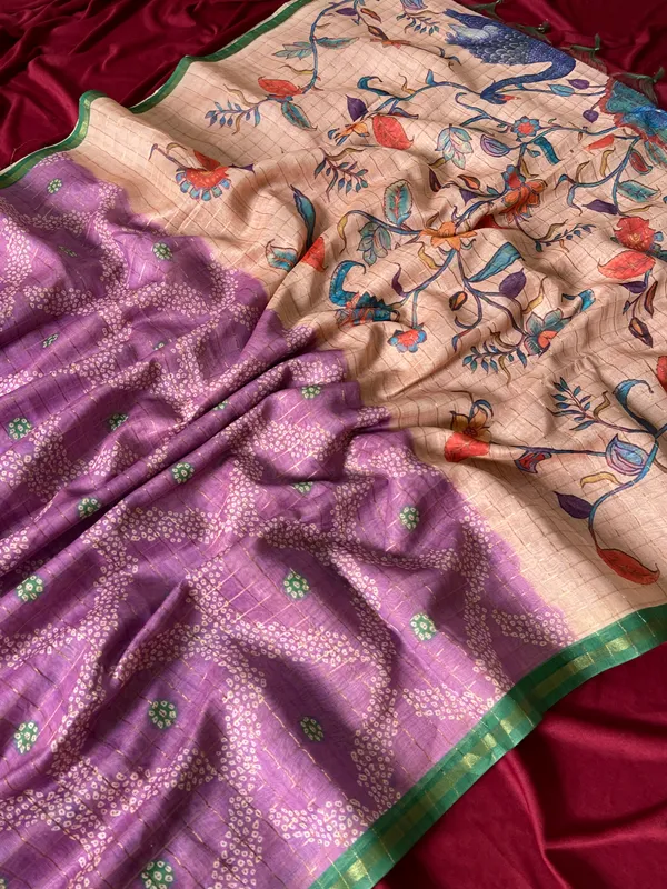 Soft_Tussar_Silk_sarees_with_Beautiful_Style_Of_Kalamkari_Digital_Print_With_Attractive_Border_And_Contrast_Print_Blouse_With_Tassels