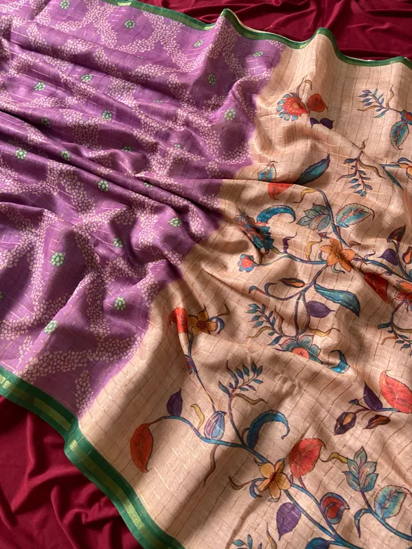 Soft_Tussar_Silk_sarees_with_Beautiful_Style_Of_Kalamkari_Digital_Print_With_Attractive_Border_And_Contrast_Print_Blouse_With_Tassels