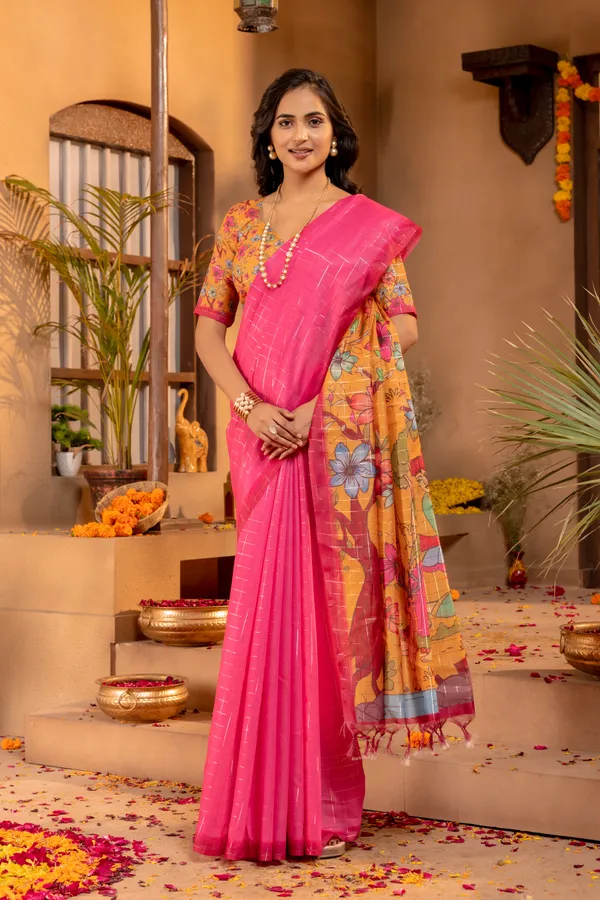 Soft_Semi_Tussar_Silk_sarees_with_Beautiful_Digital_Print_With_Attractive_Border_And_Contrast_Print_Blouse_With_Tassels