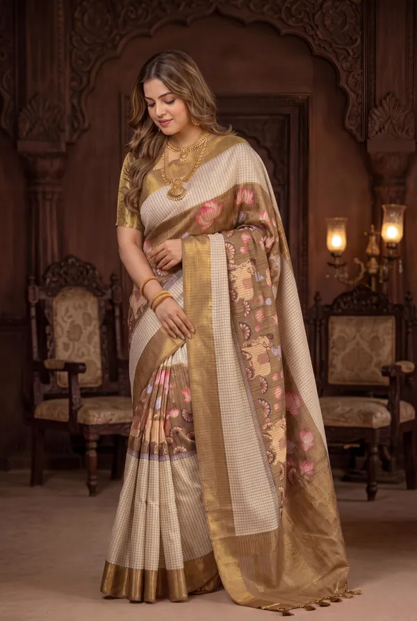 Soft_Tussar_Silk_sarees_with_Beautiful_Digital_Print_With_Attractive_Checks_Design_Saree_And_Digital_Print_Blouse_With_Tassels