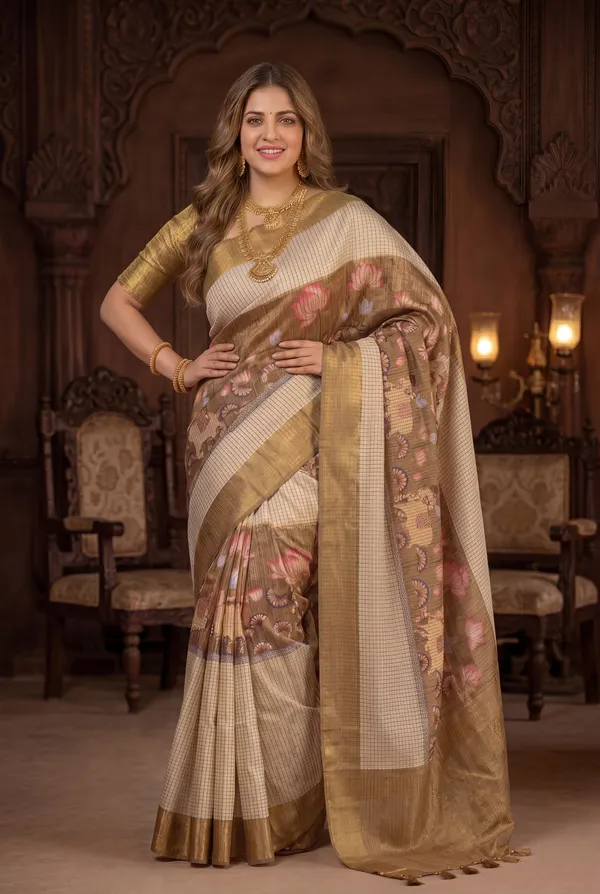 Soft_Tussar_Silk_sarees_with_Beautiful_Digital_Print_With_Attractive_Checks_Design_Saree_And_Digital_Print_Blouse_With_Tassels