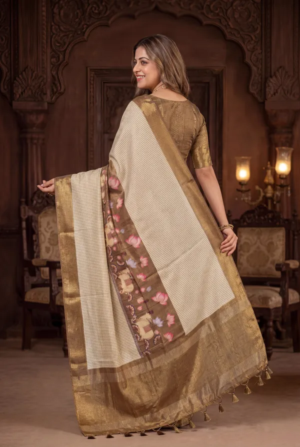 Soft_Tussar_Silk_sarees_with_Beautiful_Digital_Print_With_Attractive_Checks_Design_Saree_And_Digital_Print_Blouse_With_Tassels