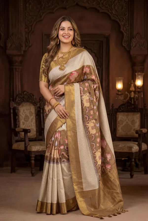 Soft_Tussar_Silk_sarees_with_Beautiful_Digital_Print_With_Attractive_Checks_Design_Saree_And_Digital_Print_Blouse_With_Tassels
