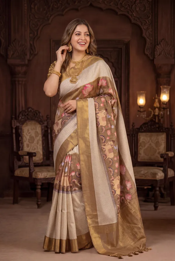 Soft_Tussar_Silk_sarees_with_Beautiful_Digital_Print_With_Attractive_Checks_Design_Saree_And_Digital_Print_Blouse_With_Tassels
