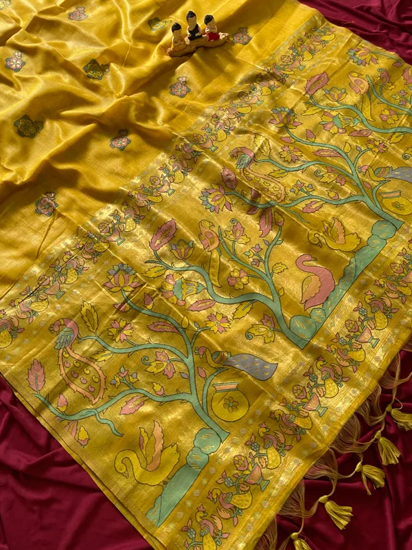 Premium_Soft_Muga_Cotton_Paithani_sarees_with_Beautiful_Weaving_Design_Featuring_Jungle_Theme_And_Swan_Motifs_Pallu_With_Attractive_All_Over_Resham_Weaving_Butti_Design_And_Resham_Weaving_Butti_Blouse_With_Fancy_Tassels