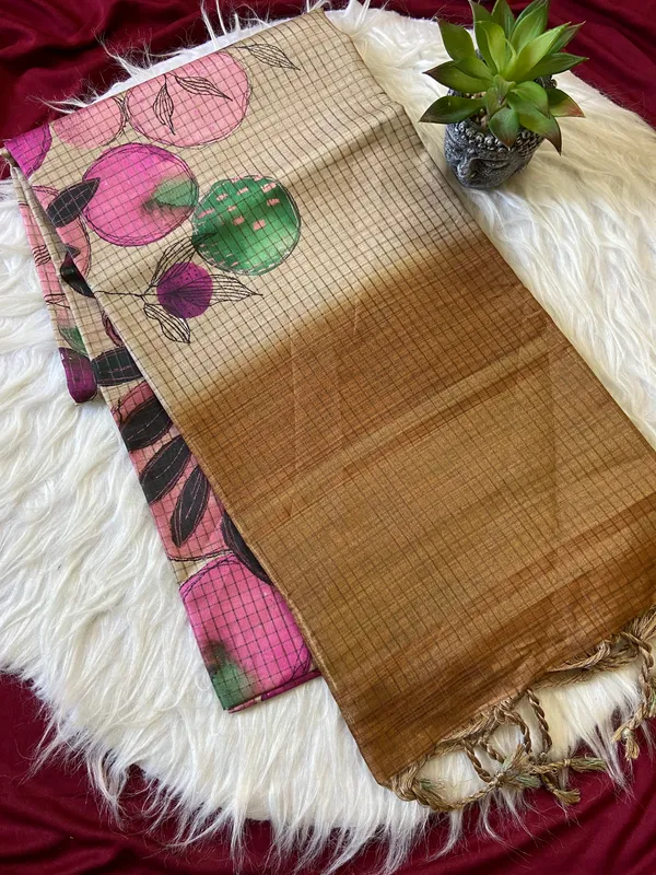 Soft_Tussar_Silk_sarees_with_Beautiful_Digital_Print_With_Attractive_Checks_Design_Saree_And_Digital_Print_Blouse_With_Tassels
