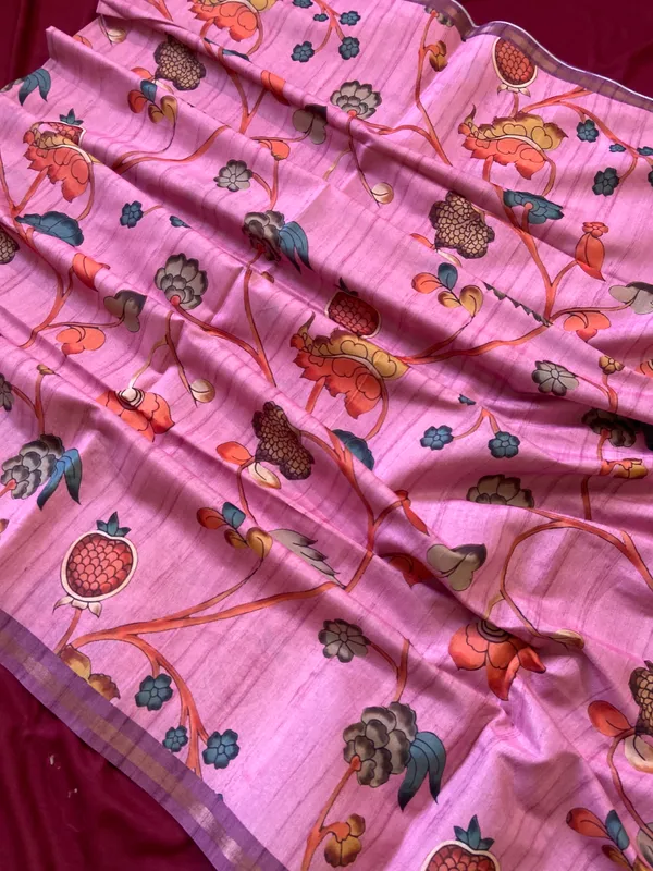 Soft_Tussar_Silk_sarees_with_Beautiful_Digital_Print_With_Attractive_Border_And_Contrast_Print_Blouse_With_Tassels