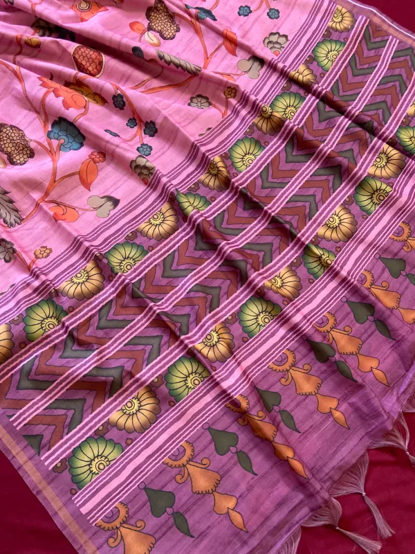 Soft_Tussar_Silk_sarees_with_Beautiful_Digital_Print_With_Attractive_Border_And_Contrast_Print_Blouse_With_Tassels