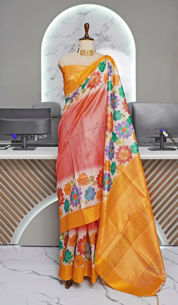 Soft_Tussar_Silk_sarees_with_Beautiful_Digital_Print_With_Attractive_Border_And_Contrast_Print_Blouse_With_Tassels