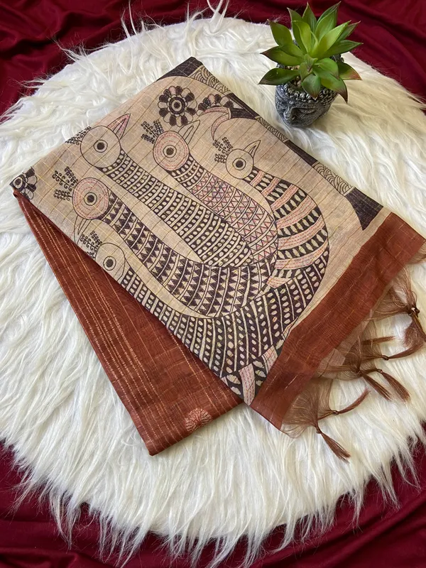 Soft_Semi_Tussar_Silk_sarees_with_Beautiful_Digital_Print_With_Attractive_Border_And_Contrast_Print_Blouse_With_Tassels