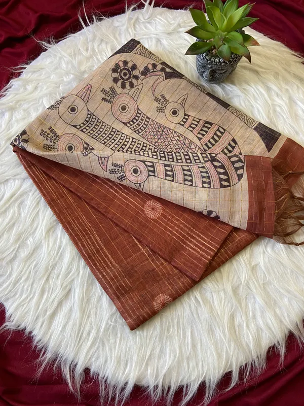 Soft_Semi_Tussar_Silk_sarees_with_Beautiful_Digital_Print_With_Attractive_Border_And_Contrast_Print_Blouse_With_Tassels