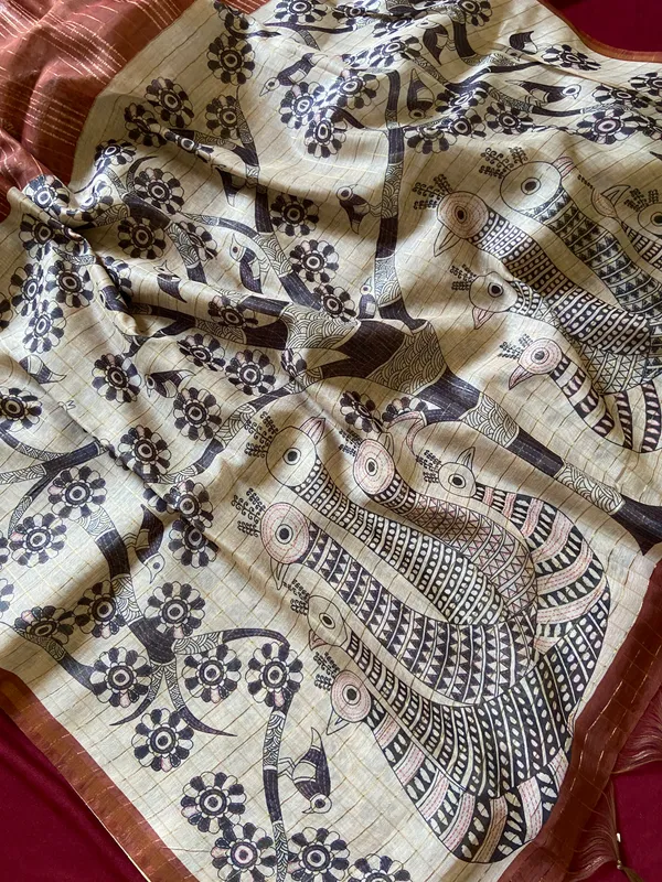 Soft_Semi_Tussar_Silk_sarees_with_Beautiful_Digital_Print_With_Attractive_Border_And_Contrast_Print_Blouse_With_Tassels
