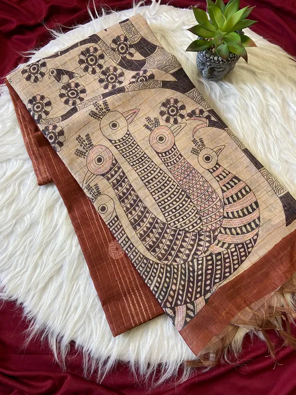 Soft_Semi_Tussar_Silk_sarees_with_Beautiful_Digital_Print_With_Attractive_Border_And_Contrast_Print_Blouse_With_Tassels