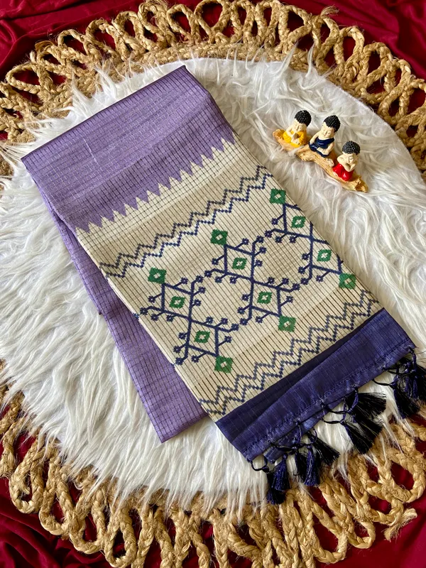 Soft_Tussar_Silk_sarees_with_Beautiful_Digital_Print_With_Attractive_Checks_Design_Saree_And_Digital_Print_Blouse_With_Tassels