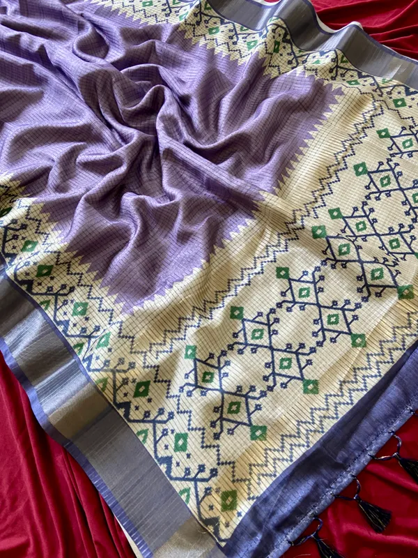 Soft_Tussar_Silk_sarees_with_Beautiful_Digital_Print_With_Attractive_Checks_Design_Saree_And_Digital_Print_Blouse_With_Tassels