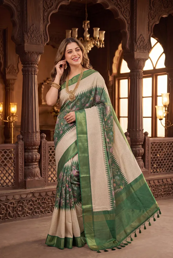 Soft_Tussar_Silk_sarees_with_Beautiful_Digital_Print_With_Attractive_Checks_Design_Saree_And_Digital_Print_Blouse_With_Tassels