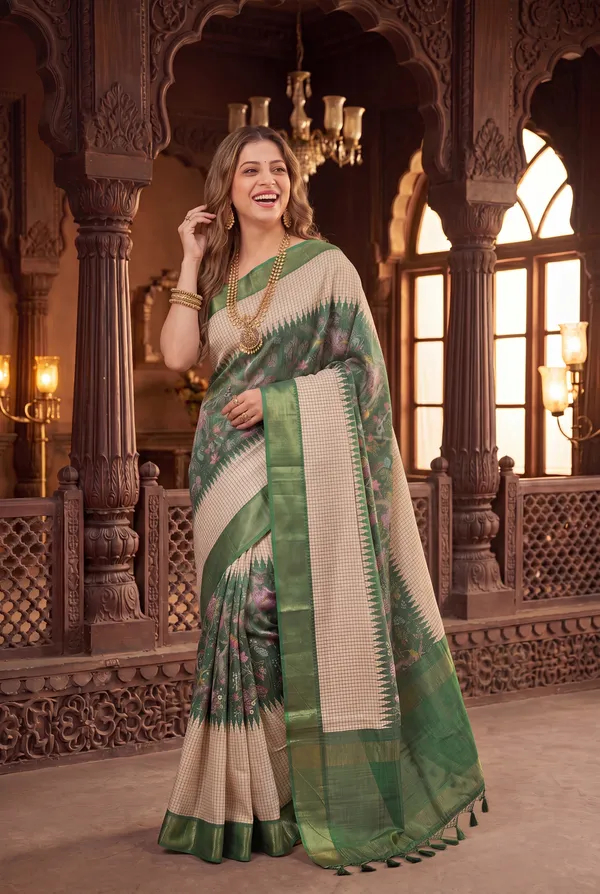 Soft_Tussar_Silk_sarees_with_Beautiful_Digital_Print_With_Attractive_Checks_Design_Saree_And_Digital_Print_Blouse_With_Tassels