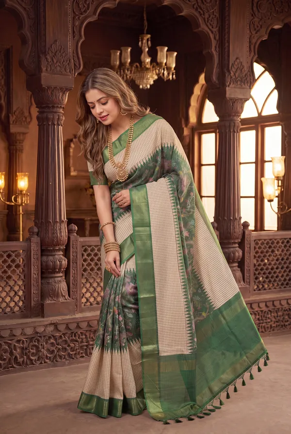 Soft_Tussar_Silk_sarees_with_Beautiful_Digital_Print_With_Attractive_Checks_Design_Saree_And_Digital_Print_Blouse_With_Tassels