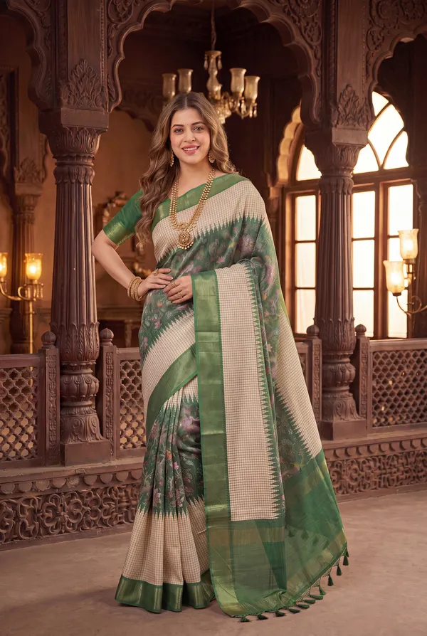 Soft_Tussar_Silk_sarees_with_Beautiful_Digital_Print_With_Attractive_Checks_Design_Saree_And_Digital_Print_Blouse_With_Tassels