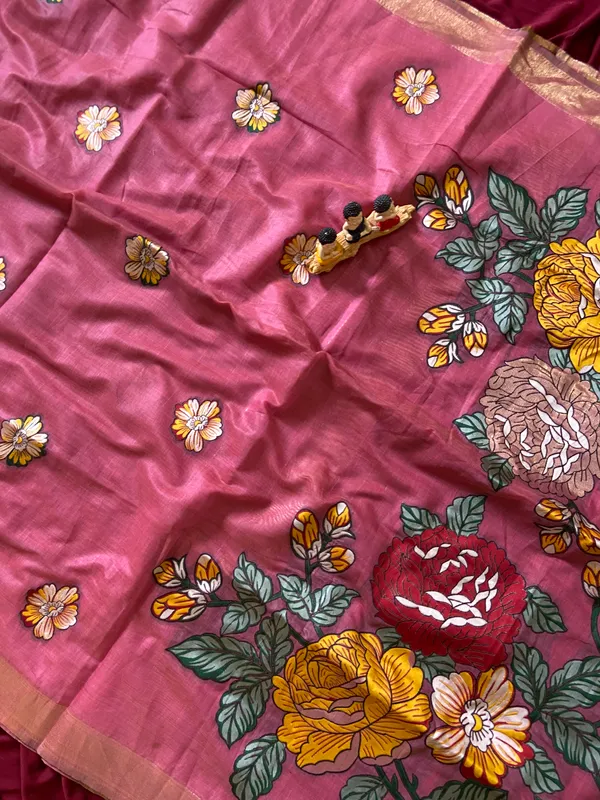 Premium_Soft_Muga_Cotton_sarees_with_Beautiful_Colourfull_Resham_Weaving_Flower_Design_Pallu_With_Attractive_All_Over_Resham_Weaving__Flower_Design_With_Zari_Weaving_Border_And_Contrast_Blouse_With_Fancy_Tassels