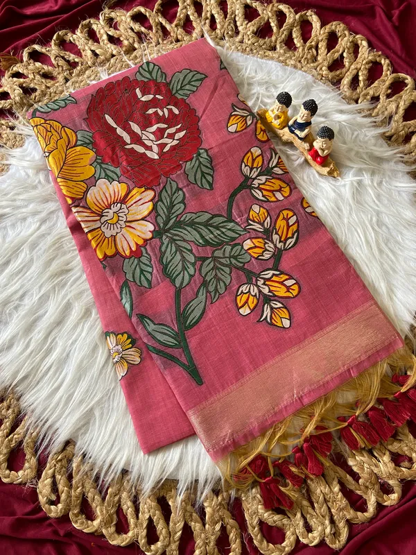 Premium_Soft_Muga_Cotton_sarees_with_Beautiful_Colourfull_Resham_Weaving_Flower_Design_Pallu_With_Attractive_All_Over_Resham_Weaving__Flower_Design_With_Zari_Weaving_Border_And_Contrast_Blouse_With_Fancy_Tassels